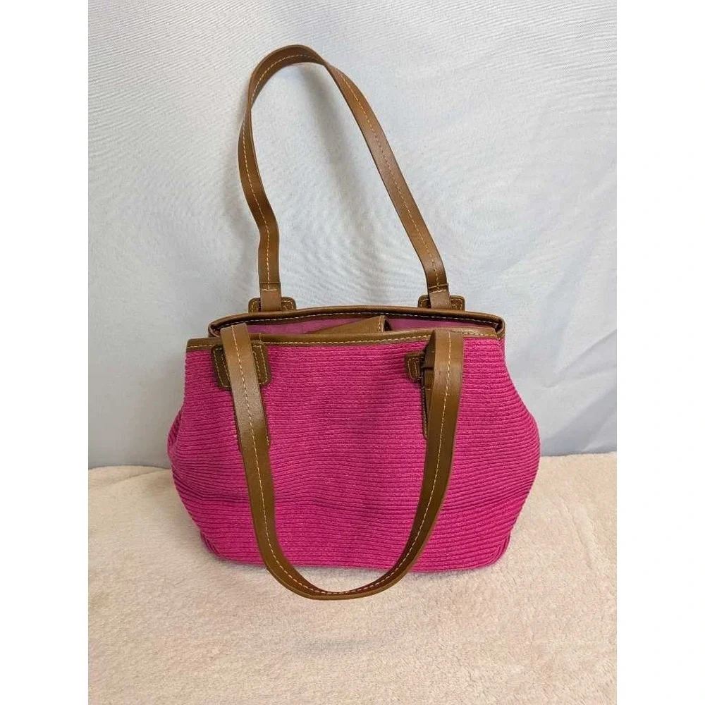 Cappelli Strawworld Tote Handbag Pink Woven Leather‎ Trim Summer Bag